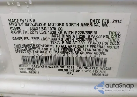 2014 Mitsubishi Outlander Sport Es from USA, damaged, VIN 4A4AR3AU0EE023441